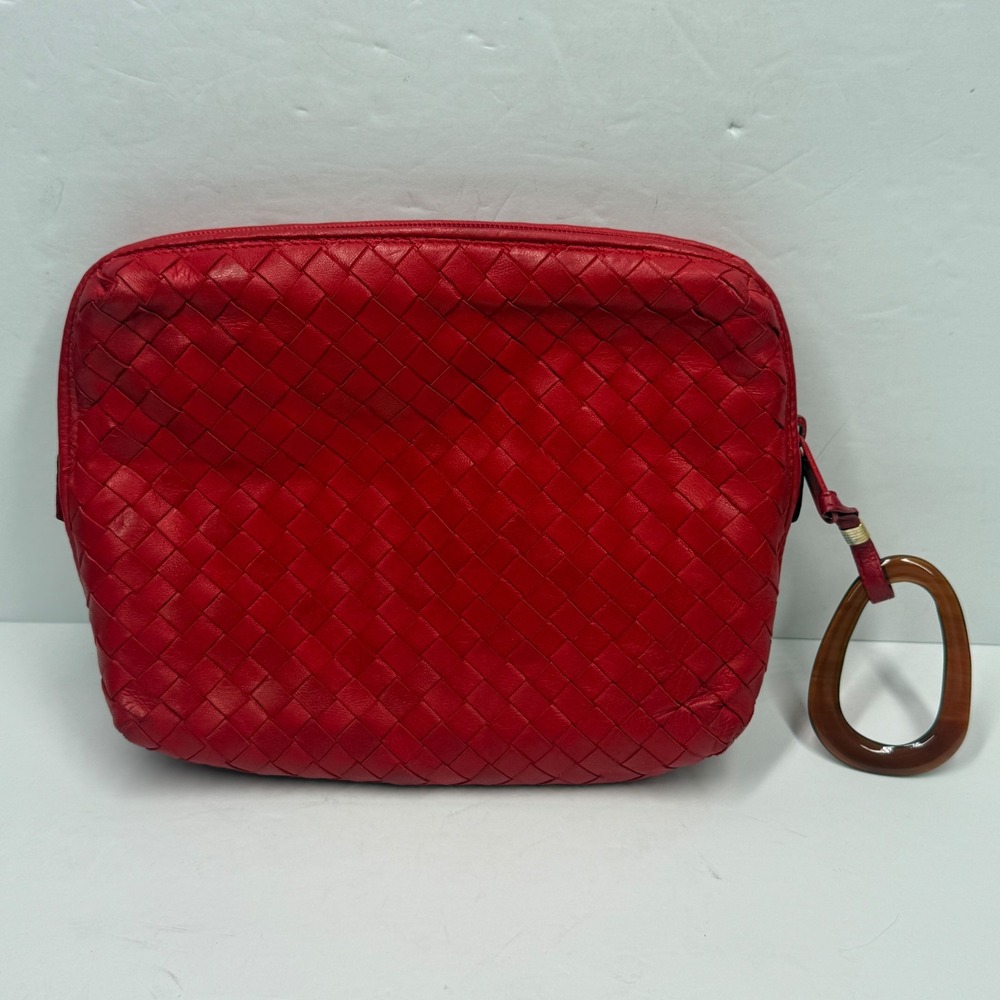 Vintage Walter Katten Red Woven Leather Clutch Made in Italy with Resin Handle